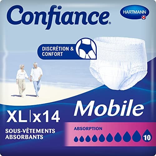 Confiance Mobile - Slips Absorbants pour Hommes et Femmes - Niveau d'Absorption = 10 gouttes (Fuites Urinaires Importantes) - Discrets et efficaces - pH Neutre à la Peau - Taille XL - 14 Unités