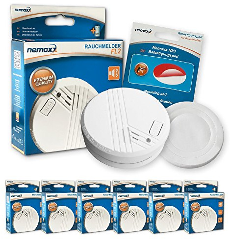 6X Nemaxx FL2 Rauchmelder - hochwertiger Rauchwarnmelder nach EN 14604 mit sensibler fotoelektrischer Technologie + 6X Nemaxx NX1 Befestigungspad