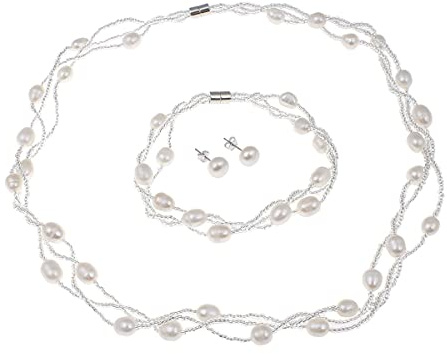 Treasurebay Perlen-Schmuck Set, Halskette, Armband, Ohrringe, Süßwasserperlen, in schöner Schmuck Geschenk-Box, Weiß
