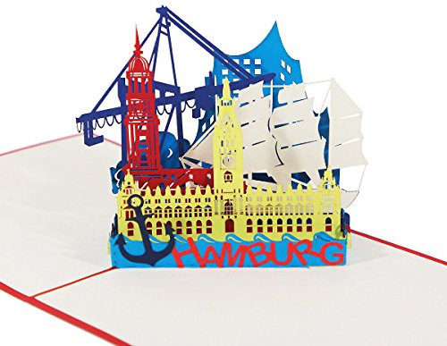 3D KARTE Hamburg Skyline rot I PopUp Karte als Reisegutschein, Grußkarte, Geschenkgutschein I Klappkarte als Souvenir oder Gutschein für eine Reise