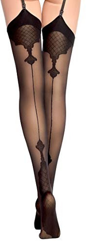 Fiore Vanity - Calze fantasia con cuciture 40den per reggicalze, Nero , L