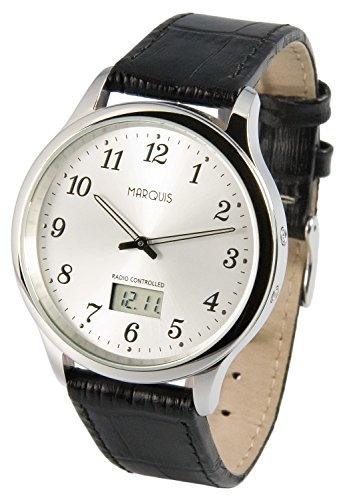 MARQUIS Elegante Herren Funkuhr (Junghans-Uhrwerk) Schwarzes Lederarmband, Edelstahlgehäuse 964.4802