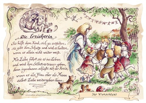 Die Staffelei Geschenk Erzieherin A4 (29,7cm x 21cm) mit Wunschtext | Witziges Gedicht mit liebevoller Zeichnung auf hochwertigem Papier/besondere Geschenkidee