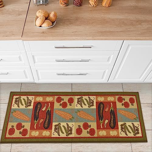 Ottomanson Sara's Kitchen-Kollektion Teppichläufer mit Gummirückseite und in Dunkel-Olivgrün mit grünem Gemüse-Design, 50 cm x 150 cm, Olivgrün