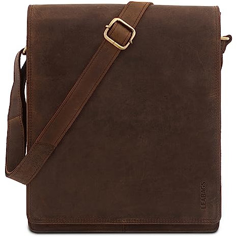 LEABAGS Leder Umhängetasche Herren & Damen I Messenger Bag mit Schultergurt I Schultertasche I Arbeitstasche I Tragetasche I Handtasche I Echtleder Tasche I Nature Dunkelbraun
