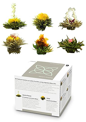 Feelino Edle 6er-Mischbox -Teeblumen Feelino White in toller Probier- und Geschenkbox mit 6 verschiedenen Weißtee-Teerosen, einzeln vakuumverpackt, 1er Pack