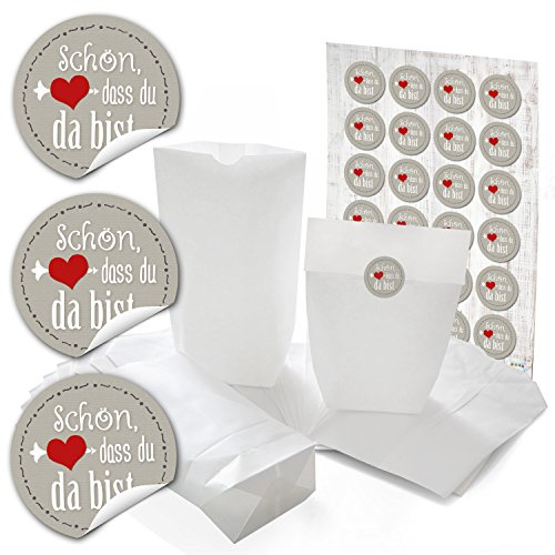 Logbuch-Verlag 24 Geschenktüten weiß + Sticker SCHÖN DASS DU DA BIST grau rot - Geburtstag Hochzeit Fest Gastgeschenk Verpackung