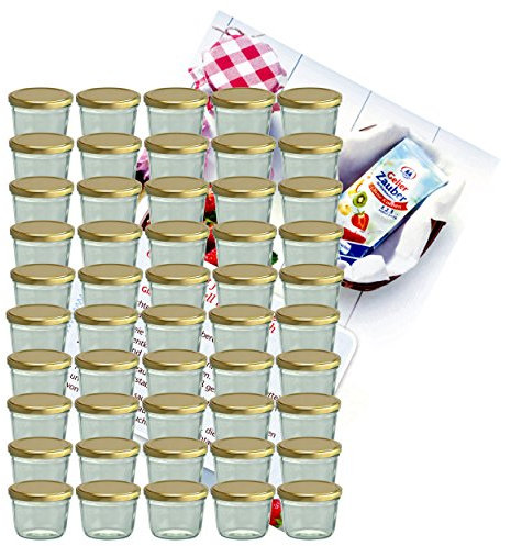 MamboCat Lot de 50 bocaux en verre de 230 ml avec couvercles dorés To 82 + livret de recettes Diamant-Zucker Gelierzauber (français non garanti)