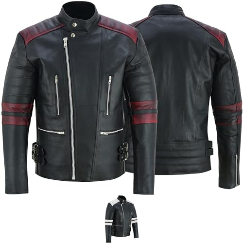 German Wear Leder Motorradjacke Oldschool Retro, Schwarz/Rot, 54