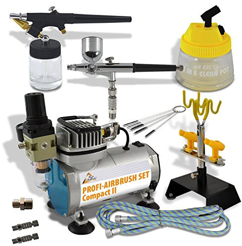AIRBRUSH SET PROFESSIONNEL avec Compresseur d'aérographe Compact II - Pistolet à aérographe - Brosses de nettoyage - Kit AIRBRUSH idéal pour débutants et techniciens aérographes Pro!