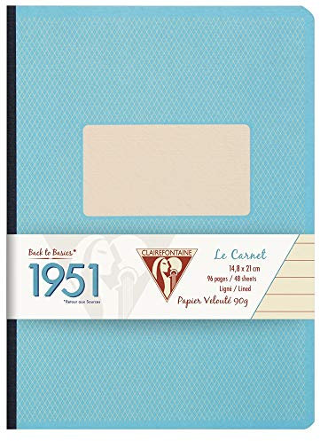 Clairefontaine 195746C Collection 1951 Back to Basics A Notebook Turquoise Cloth Back - A5 14,8x21 cm - 192 Lined Pages - White Paper 90 g - Grain Card Cover