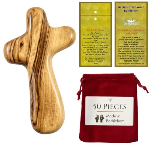 Holy Land Market Komfortkreuz aus Olivenholz, handgefertigtes Haltekreuz aus Bethlehem Palmkreuz, haftendes Kreuz mit Samtbeutel & 2 Zertifikaten, 10,2 x 127,7 cm