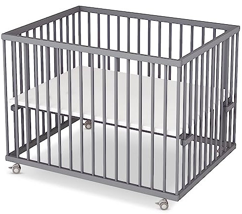 Sämann Laufstall Baby 75x100 cm | TÜV geprüft 2023 | stufenlos höhenverstellbar | Laufgitter Premium | Babybett aus Holz | Krabbelgitter Komplettset grau