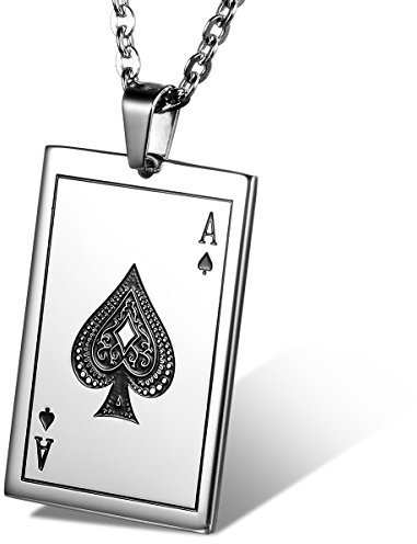 Flongo Joker Kette Herren Karten: Halskette mit Karte Dogtag Anhänger Edelstahl Silber Spielkarte Gravur Poker Pik Ass A Punk Rock für Männer