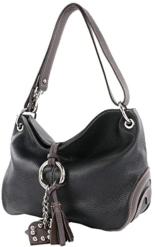 modamoda de - T10 - ital. Schultertasche Umhängetasche aus Leder, Farbe:Schwarz/Dunkelbraun