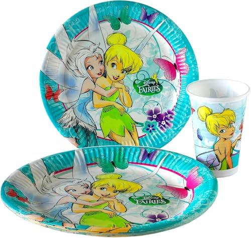 Disney Set 16 Piatti di Carta (8 da 23 cm Grandi + 8 da 20 cm Medi) + 8 Bicchieri per Festa Compleanno Party Tema Fairies (Fatine) Campanellino Trilly Trilli Pervinca Periwinkle