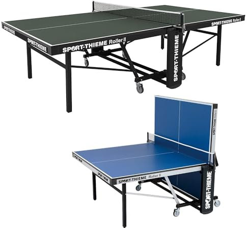 Sport-Thieme Tischtennistisch Roller II | Wettkampftisch nach DIN-Norm | Roll- und klappbar | Grün u. Blau | Indoortisch 155x69,5x152,5 cm | Höhenverstellbar | Markenqualität