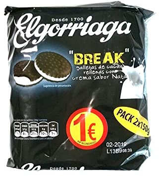 ELGORRIAGA Break galletas de cacao rellenas de crema pack 2 x 150 gr