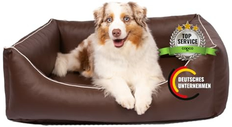 CopcoPet Orthopädisches Hundebett Grosse Hunde – Waschbares Hundekissen 【Wendebett】 Hundekorb aus Kunstleder - Formstabiles Hundesofa - Hundekörbchen mit erhöhten Rand, Dog Bed Braun 110 x 90 cm