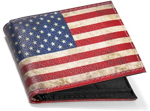 Komonee USA Wallet Bifold Mens Womens Unisex Purse American Flag Credit Card Coin Holder ID Window Stars and Stripes