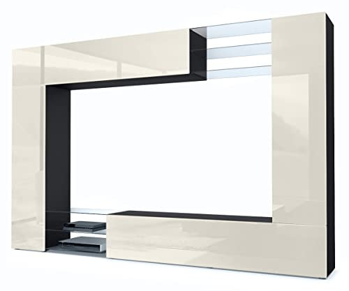 Vladon Wohnwand Mirage, Made in Germany, Anbauwand mit Rückwand mit 2 Türen, 2 Klappen und 6 offenen Glasablagen, Schwarz matt/Creme Hochglanz (262 x 183 x 39 cm)