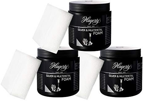 3 mal Hagerty Silver Foam Silberschaumreiniger je 185 g, Pflegeschaumreiniger für Zinn/Silber/Edelstahl, inklusive Schwamm, Silberpolitur, 3er Pack, 185 Gramm pro Verpackung, bestes Silber Putzmittel, ideal für Aquaedea Silber-Wirbel-Duschen