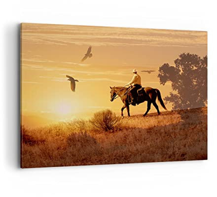 Bilder auf Leinwand 100x70cm Leinwandbild Pferd Cowboy Bauernhof Reiten Groß Wanddeko Bild Schlafzimmer Küche Deko Wandbilder Dekoration Wohnzimmer Wall Decor Canvas Wand Kunstdruck Art AA100x70-2955