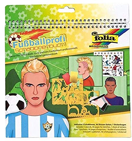 folia 41205 - Schablonenbuch Fußballprofi, Block mit 36 Malvorlagen, 5 Schablonen und 1 Stickerbögen - ideal für Jungen