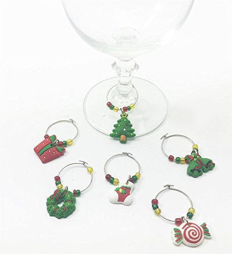 Concept4u 6 Christmas Wine Glasses Xmas Charms Ring Marker Earing Hoops Bar Table Party Decoration Gift Secret Santa Cocktail Champagne Christmas Tree Wreath Sweet Candy Stocking