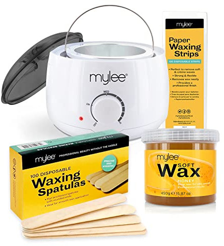 Mylee Waxing Kit, with White Thermostatic Control Wax Heater, Mylee 450g Honey Soft Wax, 100x Waxing Strips, 100x Disposable Wooden Waxing Spatulas