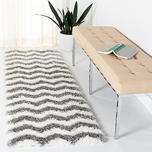 SAFAVIEH Montreal Shag Collection 2'3 x 7' Ivory/Grey SGM846B Chevron Non-Shedding Living Room Bedroom Dining Room Entryway Plush 2-inch Thick Runner Rug