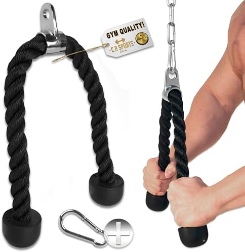 C.P. Sports Trizeps-Seil, Trizepsseil, Bizepsseil 70cm | Seil für Zugübungen, Kabelzug, Seilzug, Latzug, Krafttraining, Fitness, Bodybuilding | wahlweise inklusive Karabiner