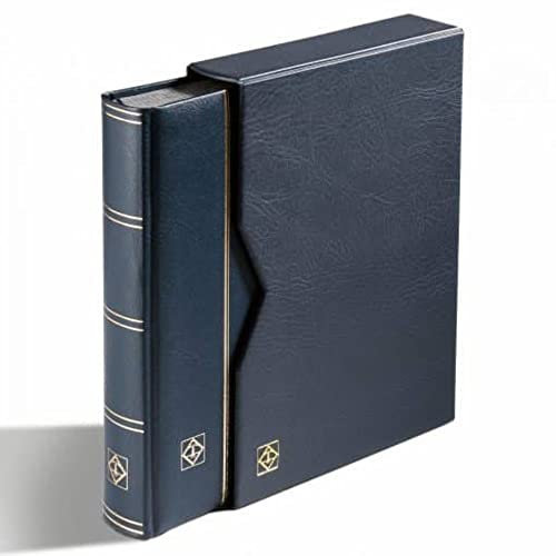 Leuchtturm 304196 Premium Briefmarken-Sammelalbum - DIN A4, 32 Seiten, wattierter Ledereinband, Schutzkassette - blau