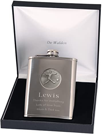 Son Xmas Engraved 6oz Stainless Steel Hip Flask with Pewter Footballer Feature in a Gift Box