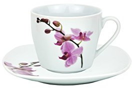 Van Well 2-TLG. Espresso-Set Kyoto, Espressotasse + Untertasse, 80 ml, edles Porzellan, Kaffee-Geschirr, Blumen-Dekor Orchidee, rosa-rot, pink