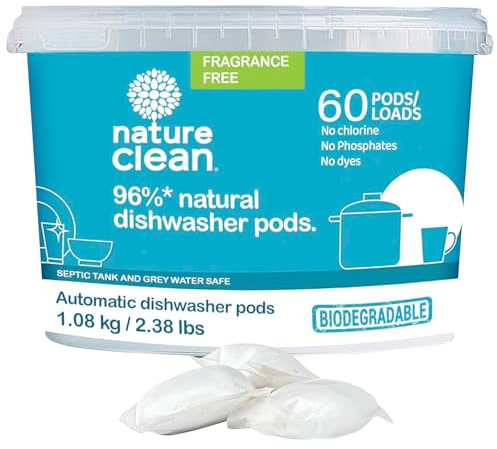 Nature Clean Natural Dishwasher Pods Detergent Unscented 60 count. High Performance Dishwasher Detergent Pods Plants-Based Dish Washing Pods. Spot & Residue-Free, Dish washing Pods No chlorine.
