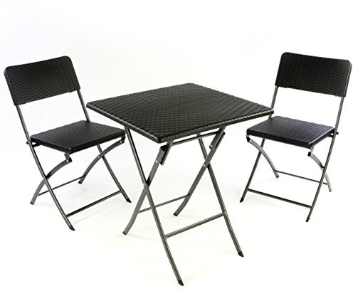 Nexos 3er Set Garnitur Tischset mit 2 Stühlen 1 Tisch Balkonset in Rattan-Optik Schwarz Bistroset klappbar Garten Terrasse Balkon Kunststoff Metallgestell Robust Wetterfest Stabil Pflegeleicht
