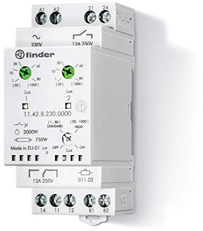 Finder Relè Crepuscolare Modulare Tipo 11.42. Relè per accensione lampade in funzione del livello di luminosità dell'ambiente. Con 1 scambio + 1 NO 12 A