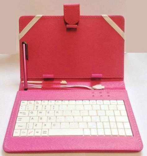 7'' Inch Micro USB Leather Stand Case with Keyboard+Stylus For Android Tablet (Hot Pink)