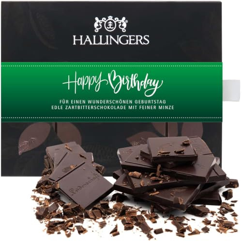Hallingers Genuss Manufaktur Vegane Schokolade Geburtstagsgeschenk - Tafel aus handgeschöpftem Edelkakao ohne Alkohol edler Karton Happy Birthday ... Minze, Geschenke für Frauen Männer