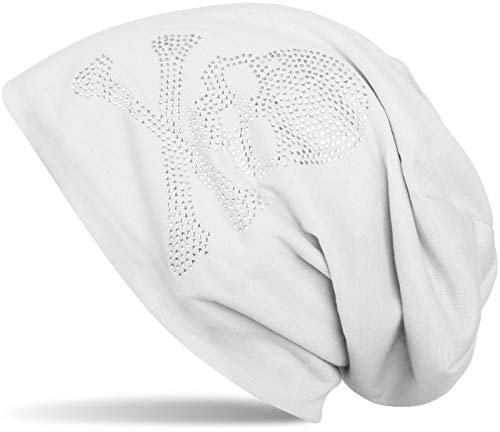 styleBREAKER Klassische Beanie Mütze mit Totenkopf Strass Applikation, Unisex 04024034, Farbe:Hellgrau, Materialart:leicht
