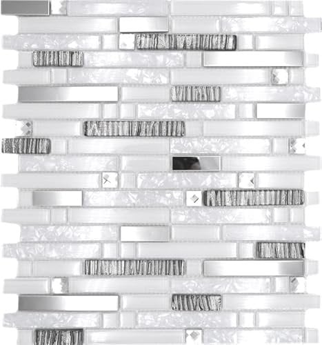 Mosaik Verbund Crystal/Edelstahl mix weiß/Glas Metall Mix Fliesenspiegel, Mosaikstein Format: 15x48/98/148x8 mm, Bogengröße: 298x338 mm, 10 Bögen