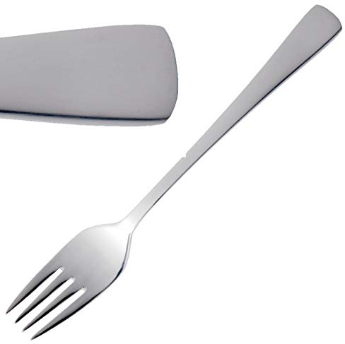 Olympia Clifton 18/0 Stainless Steel Dessert Fork 179mm, Pack of 12 | Smooth, contemporary handle ensures comfortable dining, with a high-polish finish for professional tabletop presentation.