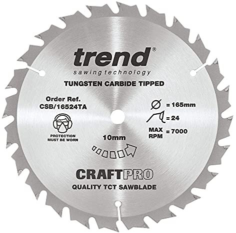Trend CSB/16524TA Lame de scie circulaire pour bois sans fil Diamètre 165 mm alésage 10 mm 24 dents Trait de scie 1,5 mm Crochet +15°