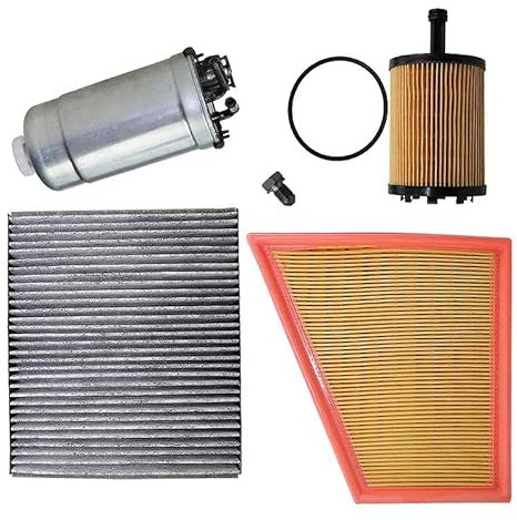 BESTPRICE Inspektionspaket Filterset mit 1x Luftfilter, 1x Innenraumfilter (Pollenfilter) mit Aktivkohle, 1x Ölfilter, 1x Kraftstofffilter, 1x Ölablassschraube mit Dichtung