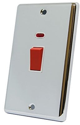 AET CPCCSWWHT Polished Chrome Classical 45A White Insert Tall Plate-45 Amp DP Cooker Switch w/Neon Indicator 2-Gang Plate