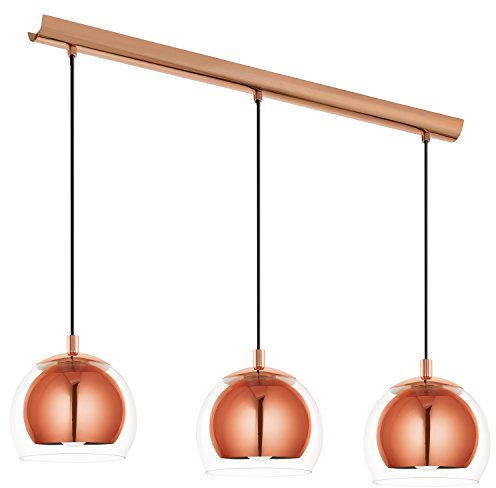 EGLO Pendelleuchte Rocamar, 3-flammige Hängelampe, Hängeleuchte aus Metall in Kupfer und Glas in Klar, Esstischlampe, Wohnzimmerlampe hängend mit E27 Fassung