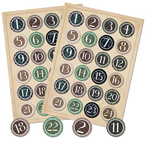 Logbuch-Verlag 2 x 24 Adventskalenderzahlen Sticker im Vintage Stil beige braun grün - Zahlenaufkleber 4 cm zum Basteln für DIY Adventkalender