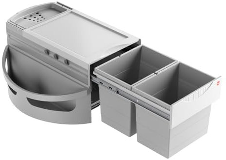 Hailo Abfallsammler Rondo 3645121 | Eckabfallsammler 2fach für 90x90 Eckunterschrank | 2x 18 Liter Inneneimer Kunststoff | komplett drehbar | Hellgrau | Effiziente Abfalltrennung für Eckschränke