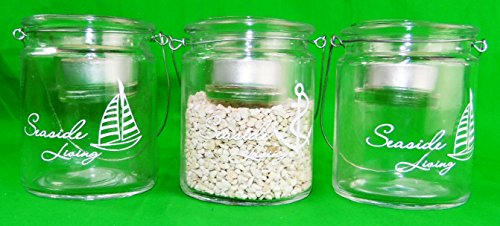 Windlicht zum hängen/Teelichthalter/Glaslaterne/Glaswindlicht/zu m aufhängen in Bäumen/Gartenwindlicht/Terrassenwindlicht/mit maritimen Motivaufdruck/zum einfachen befüllen